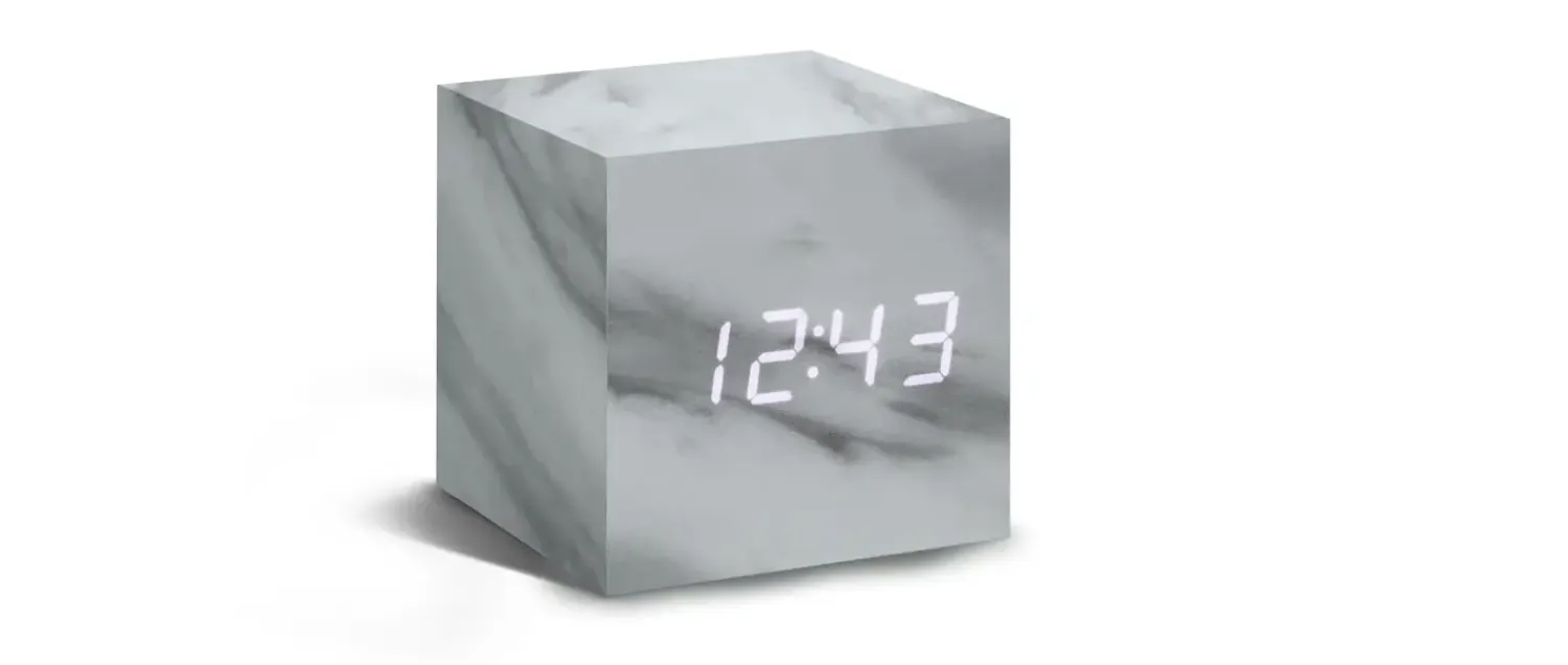 - Wooden Cube Click Clock Marble / White LED*Gingko Discount