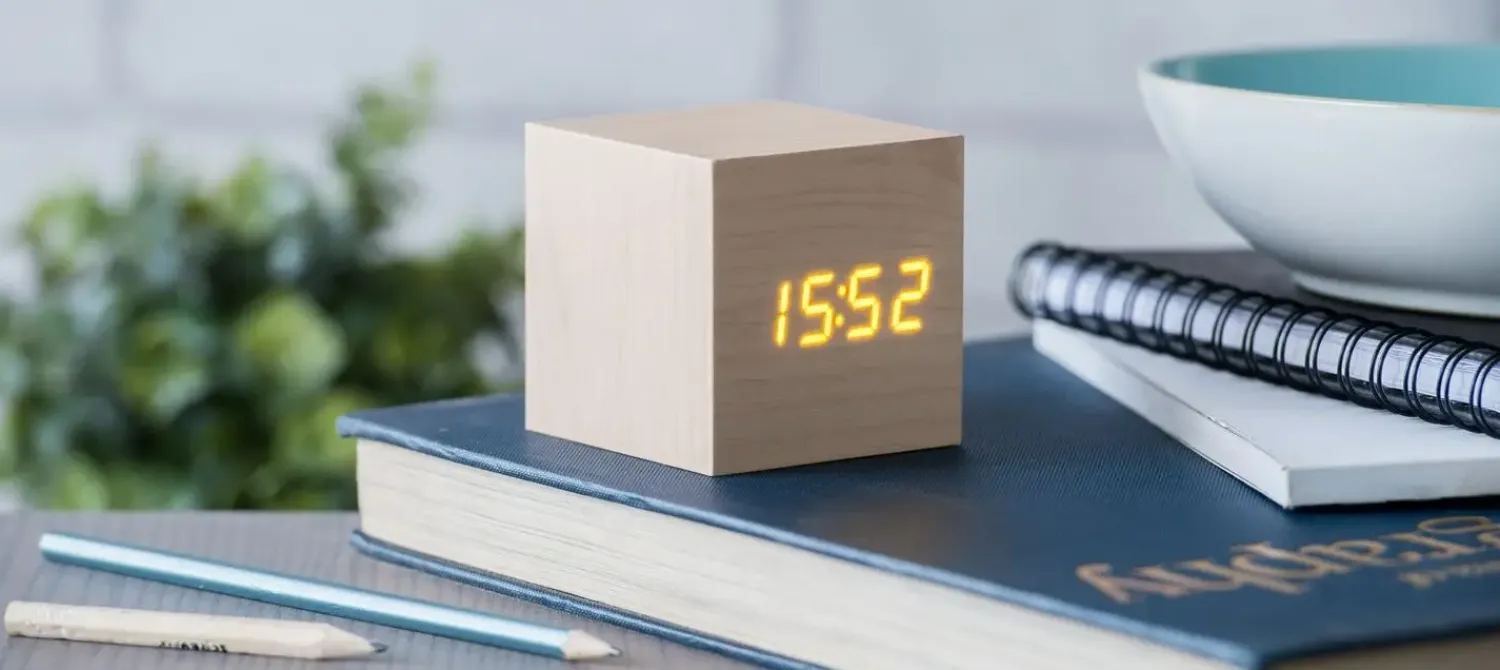 - Wooden Cube Click Clock Maple / Orange LED^Gingko Clearance