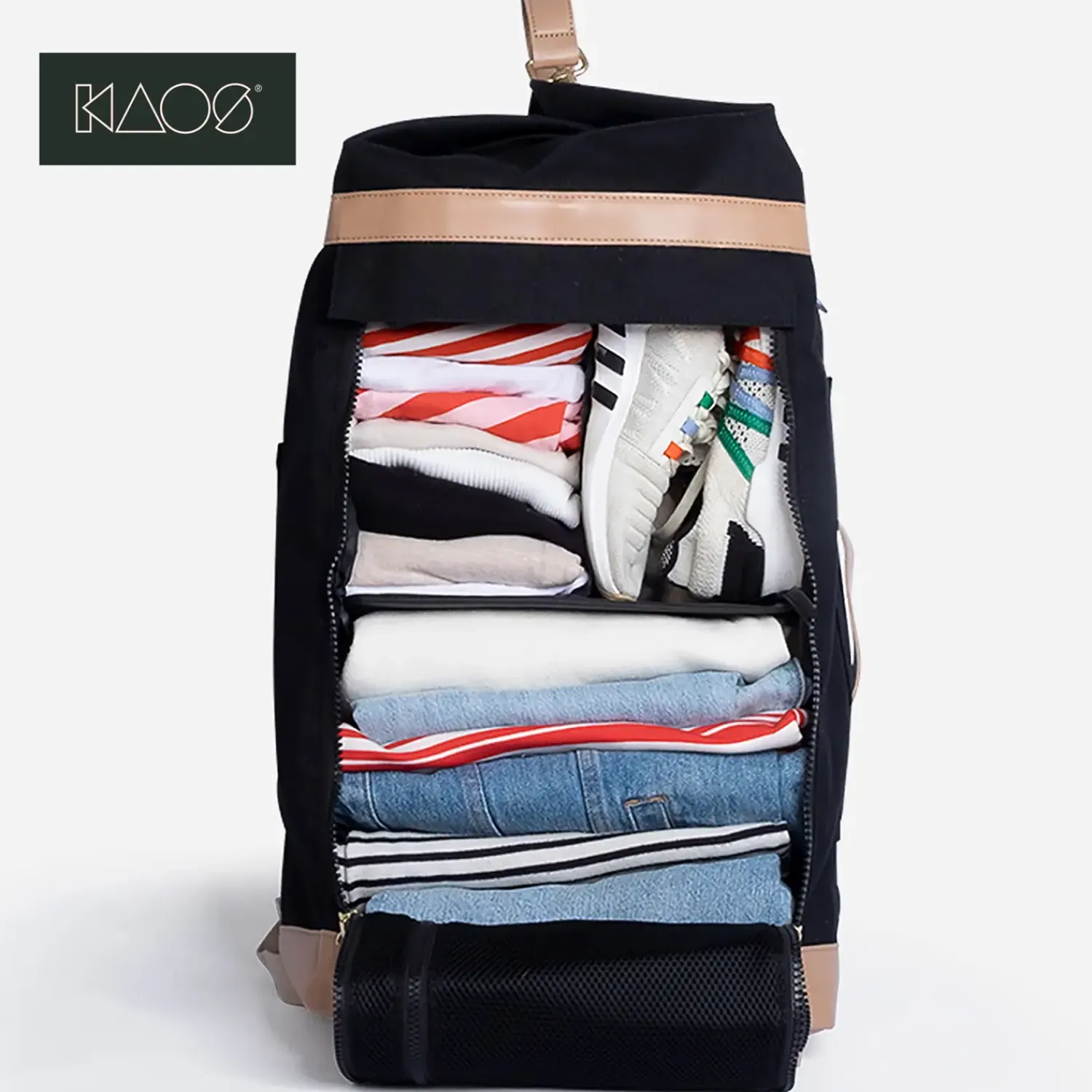 - Rygsæk, Weekend bag - 40 Liter - 28x50x28 cm - Sort med læder^KAOS Best