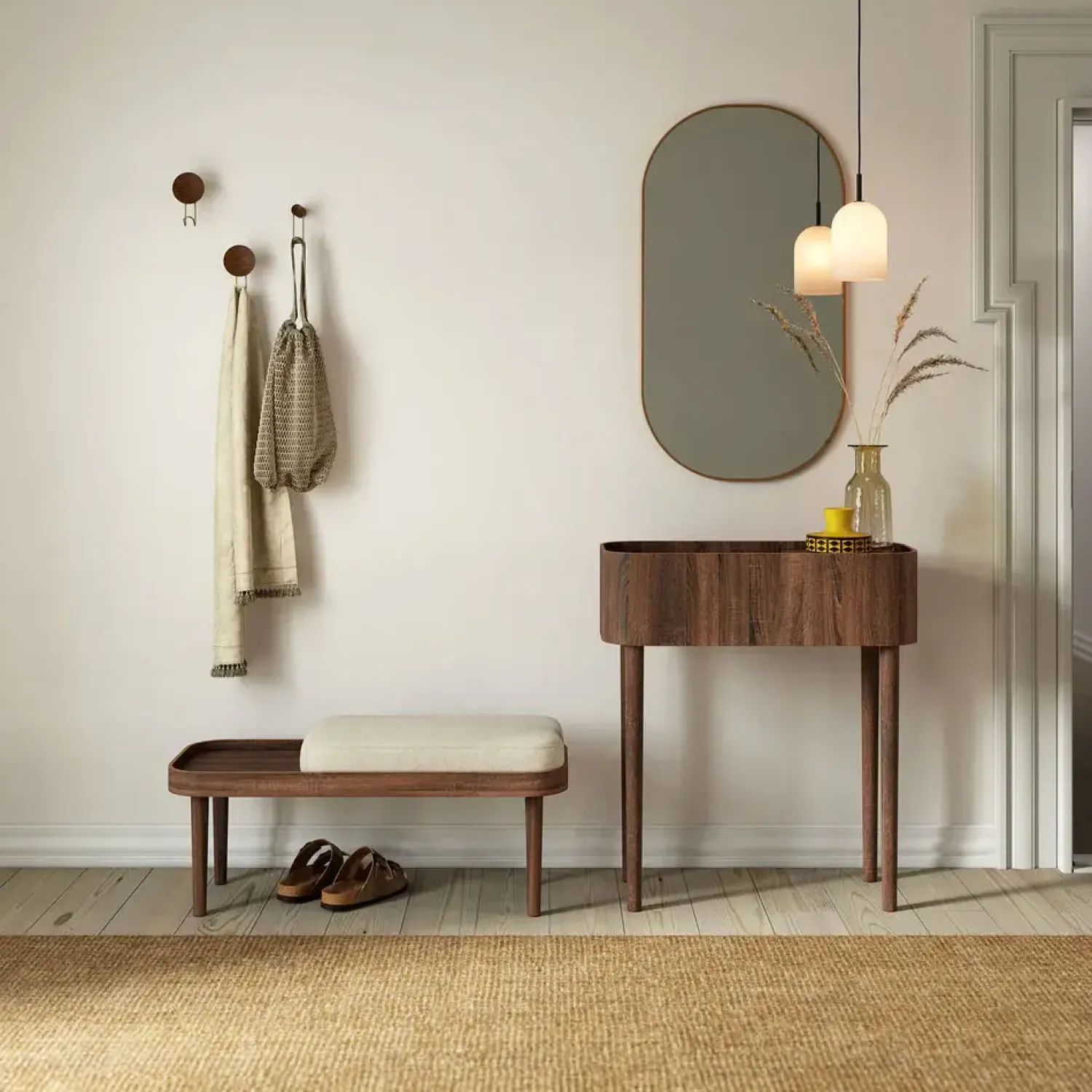 - Serena Bænk - Hvid Bouclé - Natur eg*NovoForm Discount