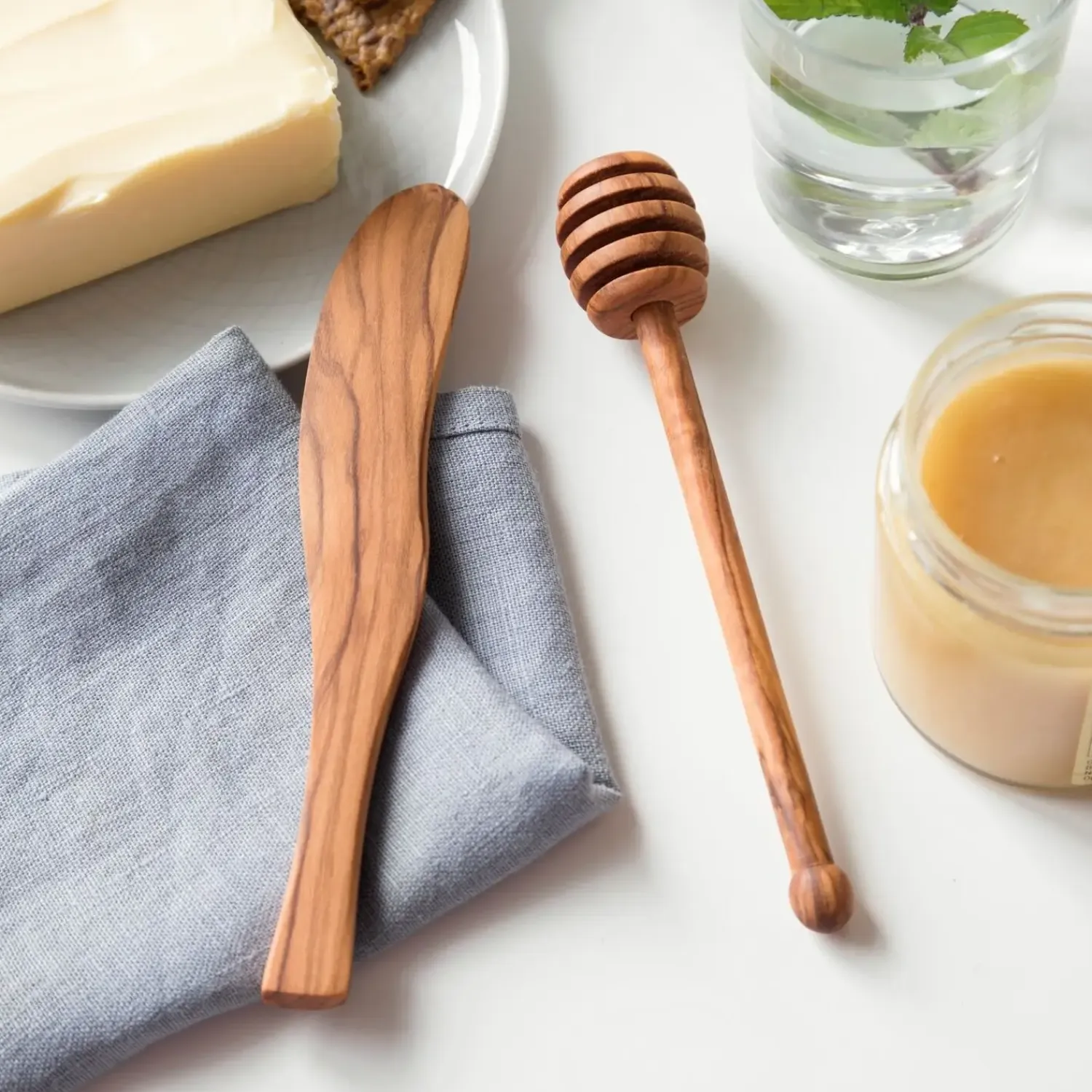 - SMØRKNIV & HONINGSKE SÆT I OLIVENTRÆ^Steel Function New